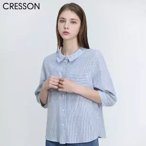 [크레송(CRESSON)] 라운드 카라 스트라이프 셔츠 블라우스 (택가격:198000원)