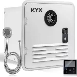 KYX RV 탱크리스 온수기 67 000 BTU - 샤워 헤드와 15 x 인치 화이트 도어 고고도 사용 가능 DC 12V 외부