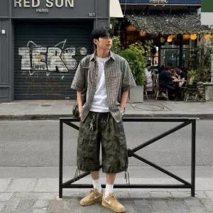 [옷자락]남자 데일리 캐주얼 카모 패턴 스트링 와이드 버뮤다 팬츠