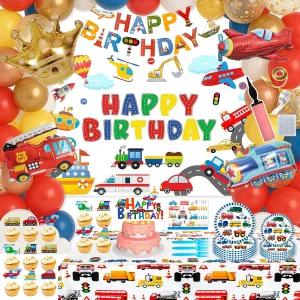 운송 생일 장식 키트 - 호일 풍선 라텍스 펌프 케이크 토퍼 자동차용 식기 기차 비행기 파티가 포함된