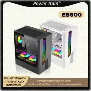 파워 트레인 ES500 MATX ATX RGB 라이트 스트립 패널 측면 투명 ITX PC 게이밍 케이스 데스크탑 컴퓨터