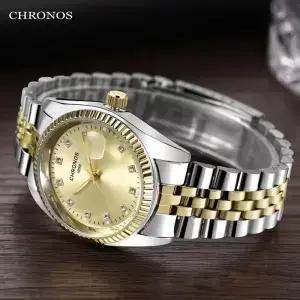 CHRONOS 남자 럭셔리 라인 석 시계 골드 방수 스테인레스 스틸 팔찌 달력 손목 남성 두 톤 비즈니스