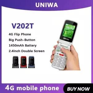 유니와 V202T 4G 피처폰 패션 듀얼 스크린 대형 버튼 플립 휴대폰 (노인용) 450mAh SOS 기능 탑재