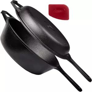 쿠시넬 무쇠 프라이팬 뚜껑 - 2-in-1 멀티 쿠커 깊은 냄비 3Qt 네덜란드 오븐 사전 양념 조리기구 빵