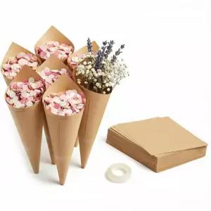 결혼식 색종이 꽃잎을 위한 iplusmile 120Pcs 종이 콘 테이프가 있는 DIY 브라운 꽃다발 홀더 파티 팝콘