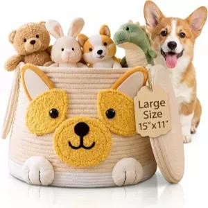 손잡이와 뚜껑이 있는 이이링 대형 개 장난감 바구니 15.75인치 x 11.81인치 - 옷 수건 동물 및 귀여운