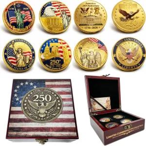 250주년 기념 미국 코인 세트 1776？2026 - 나무 상자 및 카드가 포함된 4PCS 애국 챌린지 수집품 부채로