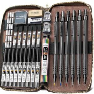 가죽 케이스에 30PCS 블랙 메탈 샤프 펜슬 세트 0.5 / 0.7 0.9 2.0MM 아트 드로잉 펜슬 16개 튜브 흑연 리드(6B 4B 2B HB 2H 4H) 및 스케치 드로잉 쓰기를 위한 컬러 리필