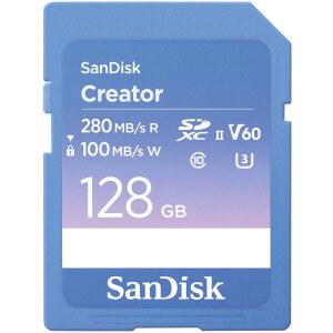 SANDISK 128GB 크리에이터 SD UHS-II 카드 DSLR 및 미러리스 카메라 4K UHD 6K 비디오 V60 ADOBE 크리에이티브 클라우드 1개월용 읽기 속도 최대 280MB/S - SDSDXEP-128G-GNCIS