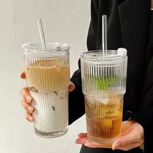뚜껑과 밀짚이있는 600ML 스트라이프 유리 커피 컵 주스 밀크 티 용 투명한 마시는 안경 스 머그잔