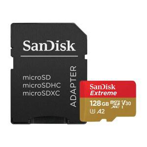 어댑터가 포함된 샌디스크 128GB 익스트림 마이크로SDXC UHS-I 메모리 카드 - 최대 160MB/S C10 U3 V30 4K A2 마이크로 SD SDSQXA1-128G-GN6MA VDX