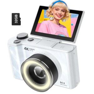 청소년용 W&O 디지털 카메라 32G SD 카드 3인치 180 플립 스크린 필 라이트 Y2K CCD 포인트 앤 샷 카메라로 촬영 브이로그링 가능한 청소년 초보자용 카메라