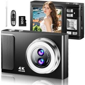 사진 촬영을 위한 JDZ 4K 디지털 카메라 유튜브용 48MP 브이로그 16배 줌 레트로 CCD 스타일 컴팩트 포인트 및 청소년용 촬영 32GB 카드가 장착된 트래블 카마라 - 블랙
