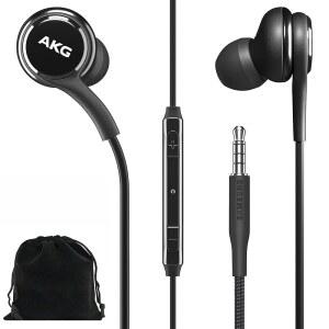 삼성호환 AKG 이어버드 오리지널 3.5MM 인이어 헤드폰 리모컨 및 마이크 장착 삼성제품호환 A71 A31 S10 S10E 노트 10 10+ S10 플러스 S9 - 브레이드 벨벳 휴대용 파우치 포함 블랙