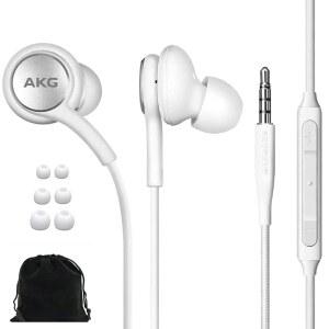 삼성호환 AKG 유선 이어버드 오리지널 3.5MM 인이어 헤드폰 리모컨 및 마이크 장착 음악 전화 통화 작업 - 소음 차단 딥 베이스 벨벳 휴대용 파우치 포함 흰색