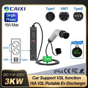CAIXI BYD V2L 차량용 EV 방전기 GBT 타입1 타입2 16A 5M 전기차 야외 110v 미국 NEMA 5-15P 소켓 포함 EU