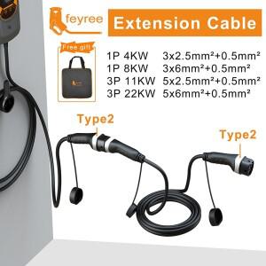 Feyree EV 충전 케이블 16A/32A 4kW/8kW/11kW/22kW 전기 자동차 코드 5M 유형 2 EVSE 스테이션 암-수 플러