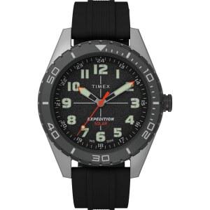 TIMEX 남성용 익스페디션 필드 솔라 43MM 시계 - 태닝 스트랩 블랙 다이얼 IP 스틸 케이스