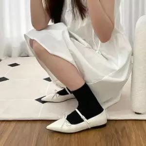 스틸레토 뾰족코 발등 스트랩 메리제인 리본플랫 4fY