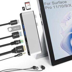 SURFACE PRO 11 10 9 도킹 스테이션 4K HDMI USB-C 썬더볼트 4(8K 비디오 + 40GBPS 100W 전원) 100M 이더넷 USB3.0 SD TF 카드 슬롯 3.5MM 오디오 / X 액세서리용 트리플 디스플레이