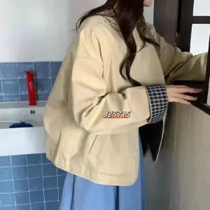 세군다 여자 하프 가을 재킷 싱글 코트 라운드 상의 체크 숏 DOS3