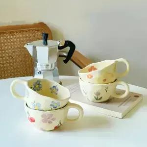 세라믹 머그잔 커피 컵 손으로 꼬집은 불규칙한 꽃 우유 차 스타일 오트밀 아침 Drinkware 주방