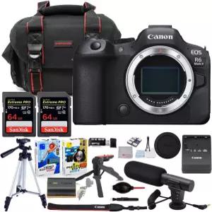 캐논 EOS R6 Mark II 미러리스 카메라 본체 전용 번들 커맨더 기어백 + 마이크 2X 64GB 익스트림 메모리