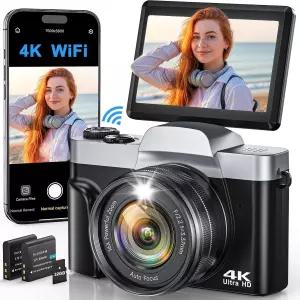 초보자와 청소년을 위한 4K 디지털 카메라 WiFi 64MP 컴팩트 오토포커스 유튜브용 여행 브이로그 32Gb 카드