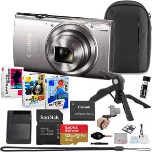 캐논 파워샷 ELPH 360 HS 디지털 카메라 번들(실버) + 샌 28GB 익스트림 마이크로 카드 그립 삼각대