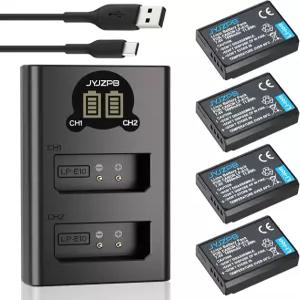 JYJZPB 4팩 600mAh LPE0 배터리 및 캐논 EOS 레벨 T7 T6 T5 T3 T00 키스 X50 X70 X80 X90 00D 200D 300D