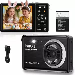 ISHARE 디지털 카메라 30MP FHD 080P 포인트 앤 슈팅 28인치 LCD 8배 줌 32GB SD 카드 2 배터리 청소년