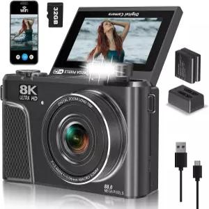 88MP 및 3인치 80 플립 스크린을 갖춘 8K 디지털 카메라 유튜브/사진용 Zoom 자동 초점 브이로그 8배 32GB