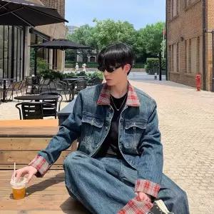데님 레드 빈티지 남성 건달패션 워싱 블루 센스있는 오버핏 터틀넥 체크 커플 자켓 코트 청자켓 DUCHI1