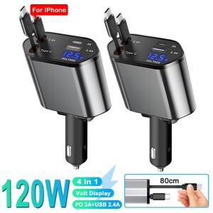 4IN 1 차량용 전화 충전기 120W 유형 C 66W+2.4A iPhone Huawei Samsung용 볼트 디스플레이가 있는 접이식