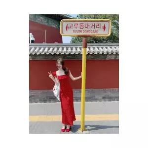 여성용 쉬폰 원피스 슬림핏 소매 오프 레드 도트 여름 프렌치 소프트 A라인 롱스커트 CH1