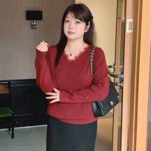 여성용 가을 니트 빅사이즈 레이스 브이넥 탑 여아웃도어 스웨터 CH3
