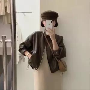 브라운 여자 빈티지 야구 점퍼 가죽 코트 자켓 숏 라이더 패션 복 KS1