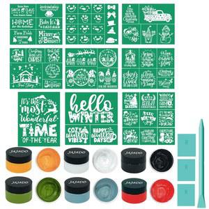 JAJADO 19PCS 크리스마스 스텐실 분필 페이스트 페인트 세트 미니 스퀴지 셀프 접착 실크 스크린 프린트 나무 천 유리 DIY 장식에 칠하기 위한 메쉬 전사 vVL