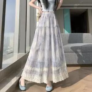 치마 춘하 여성 허리 A라인 중기장 밴딩 펀칭 우산 자수 KS2