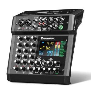 6채널 오디오 인터페이스 믹서 사운드 보드 99 DSP 디지털 이펙트 48KHZ / 24비트 블루투스 USB RAC 인터페이스 MP3 플레이어 발 스위치 온/오프로 노래방 DJ 스튜디오 스트리밍 녹화 가능 ㅣAF