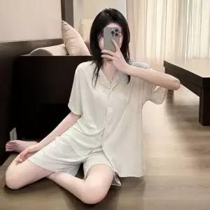 면 하계 커플 잠옷세트 가디건 솔리드 잠옷 얇은 박시 반팔 세트 컬러 유행2