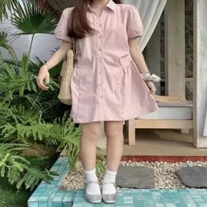 셀럽하우스 여자 데이트룩 꾸안꾸 여유핏 카라 셔츠 셔링 원피스