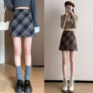 셀럽하우스 여자 하이웨스트 모직 A라인 체크 치마 미니스커트