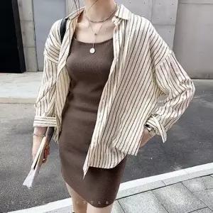 셀럽하우스 봄 가을 여자 여유핏 세로 스트라이프 긴팔 셔츠 남방