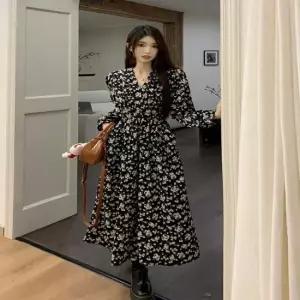 셀럽하우스 플라워 v넥 쉬폰 미디 기장 랩 원피스 꽃무늬