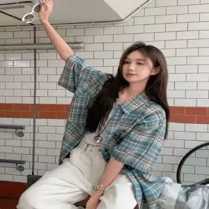 셀럽하우스 여성 2컬러 여름 반팔 체크셔츠 체크남방 루즈핏셔츠