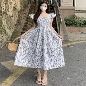 셀럽하우스 여성 2컬러 나시 플라워 스모크밴딩 스퀘어넥 원피스