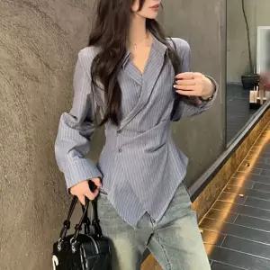 셀럽하우스 여성 셔츠 스트라이프 랩 스타일 카라 브이넥 코디