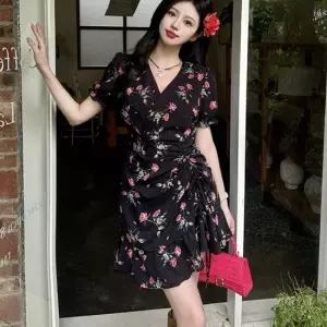 셀럽하우스 여성 플라워패턴 브이넥 셔링 프릴 랩 미니 원피스