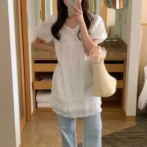 셀럽하우스 여성 은은한 비침 레이스 프릴 퍼프 반팔 미니 원피스